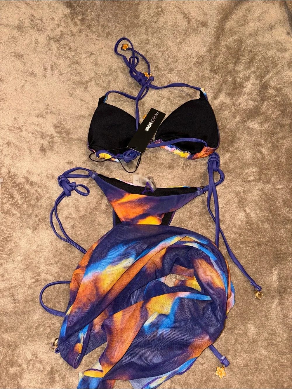NWT Fashion Nova Purple, Orange & Blue Tie-Dye String Bikini 3pc Set